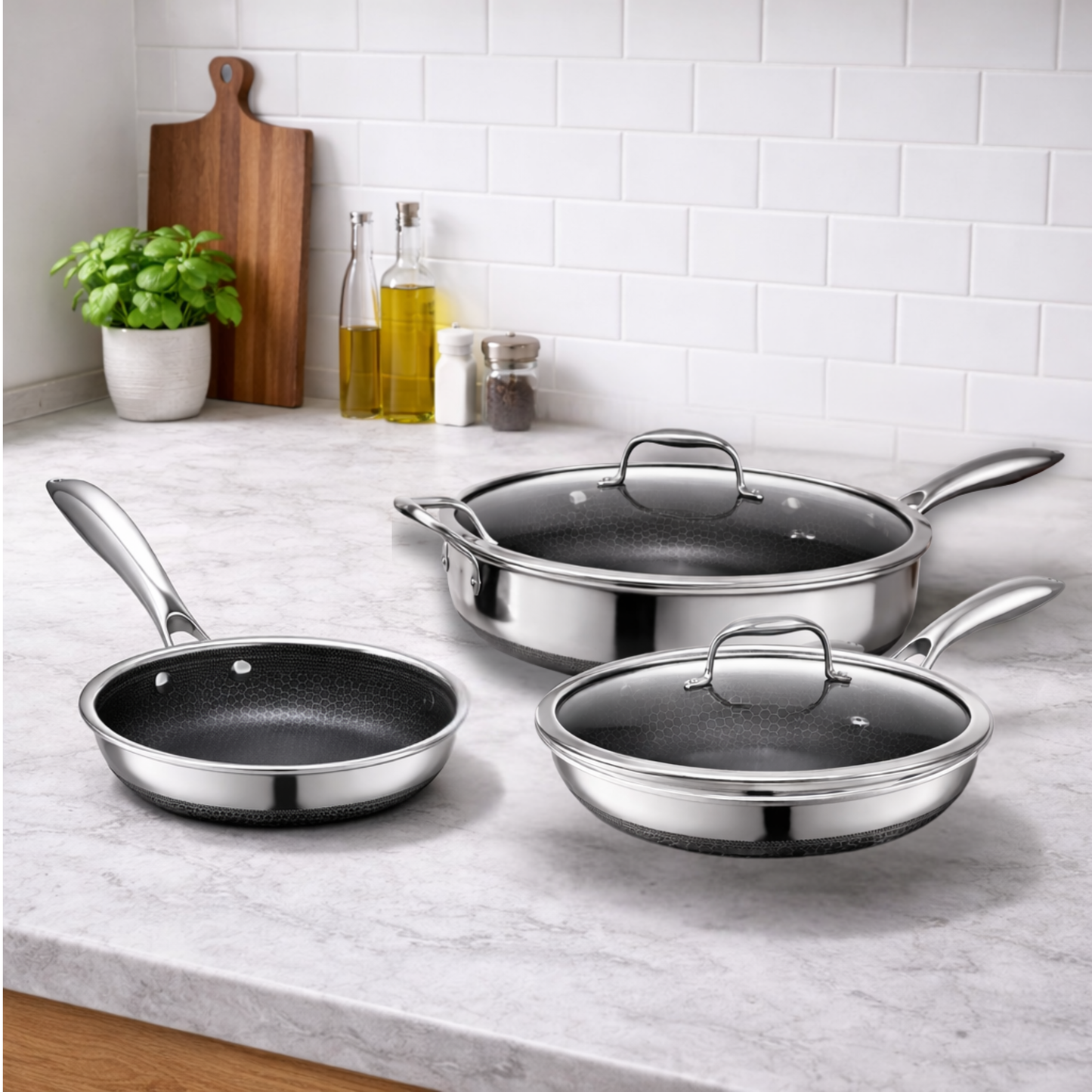 Eterna 5‑Pc Pan Set – 20cm, 24cm+Lid, Deep 28cm+Lid