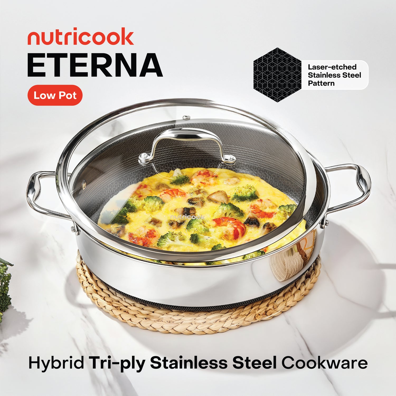 Eterna Tri-Ply 30cm Low Pot with Lid (Kadai)